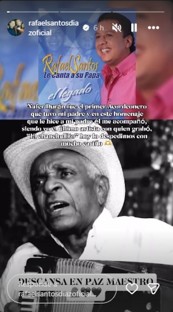 Rafael Santos recordó que Náfer Durán interpretó la canción "El Chanchullito" junto a él durante un tributo realizado a su padre, Diomedes Díaz, con quien la grabó originalmente en 1976 - crédito @ponchozuletadiaz/Instagram
