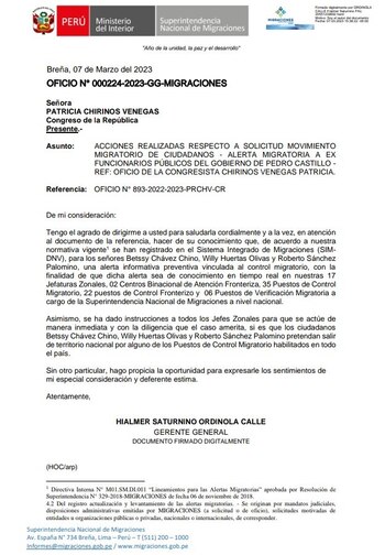 Alerta migratoria de Migraciones.