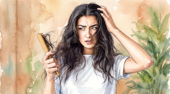 Ilustración en acuarela de una mujer que sostiene un cepillo con cabellos sueltos y toca su cabeza.