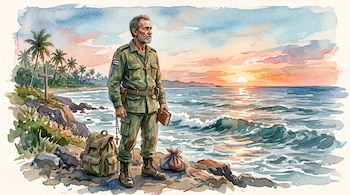 Acuarela de un hombre uniformado con insignias de Cuba, un rosario y un libro junto al mar, al lado de una mochila y una bolsa.