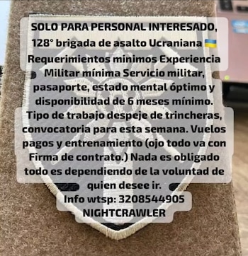 Night Crawler difundió en redes sociales convocatorias para operaciones en Ucrania con requisitos de experiencia militar, pasaporte vigente y seis meses de disponibilidad - crédito Concejala Heidy Sánchez