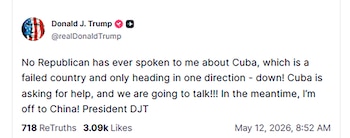 Captura de pantalla de un tuit de Donald Trump con su foto de perfil y el texto en inglés sobre Cuba y su viaje a China