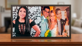 Marco digital sobre mesa de madera. Muestra collage: Tula Rodríguez sonriendo y fotos de boda con Magaly Medina, Alfredo Zambrano y Jessica Newton.