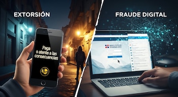 Imagen dividida. Izquierda: mano con móvil mostrando amenaza de extorsión. Derecha: persona en laptop con login de Banco Popular Dominicano y red cibernética.