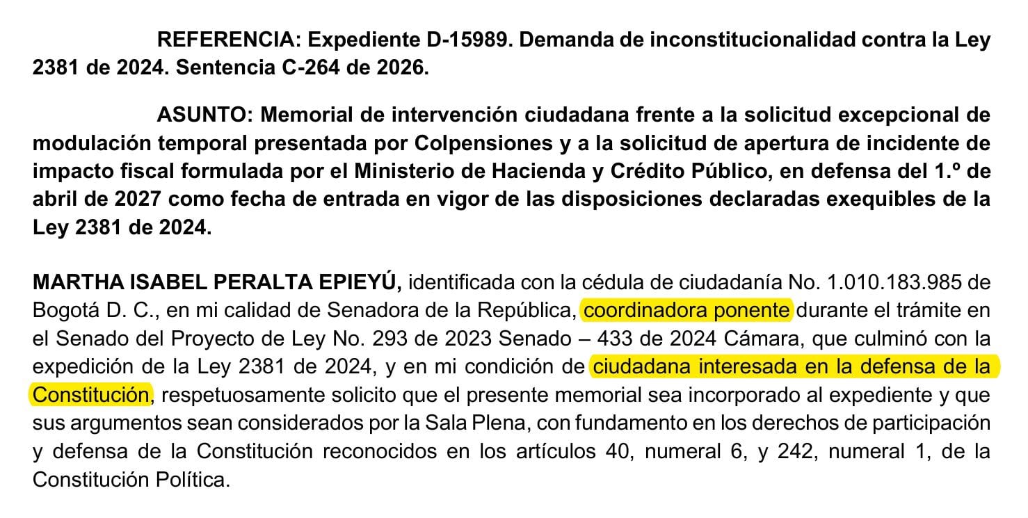 La congresista expresó sus argumentos ante la Corte Constitucional para que no se cambie la fecha de aplicación de la reforma pensional - crédito @simonmolinag/X