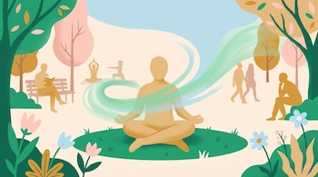 Ilustración plana de una persona meditando en un parque, con ondas verdes y azules. Siluetas de otras personas leen, caminan y hacen yoga entre árboles y flores.