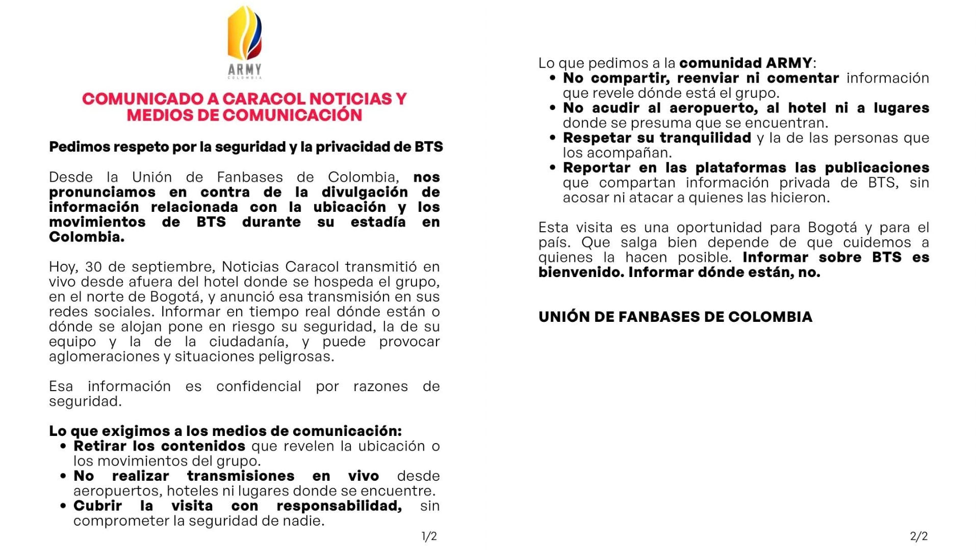 Army Bogotá pidió a los medios evitar la divulgación de información sobre la ubicación y los movimientos de BTS durante su estadía. - crédito @ARMYBogotaCol/X