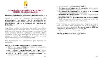 Army Bogotá pidió a los medios evitar la divulgación de información sobre la ubicación y los movimientos de BTS durante su estadía. - crédito @ARMYBogotaCol/X