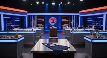 Vista general de una cocina profesional de televisión con estaciones de acero inoxidable, utensilios e ingredientes. Un delantal azul y una caja metálica están en la mesa central. Un logo estilizado de MasterChef se proyecta al fondo, enmarcado por luces LED azules y naranjas.