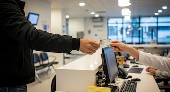Una mano entrega un documento de identidad con foto a otra mano sobre el mostrador de una recepción. Se observa un monitor y sillas al fondo.