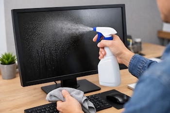 Una persona rocía un monitor de computadora negro con un limpiador de una botella atomizadora blanca y azul, mientras sostiene un paño gris de microfibra.