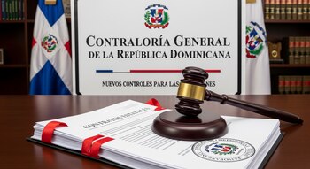 Mazo de madera sobre documentos con cintas rojas, frente a un letrero de la Contraloría General de la República Dominicana y dos banderas nacionales.