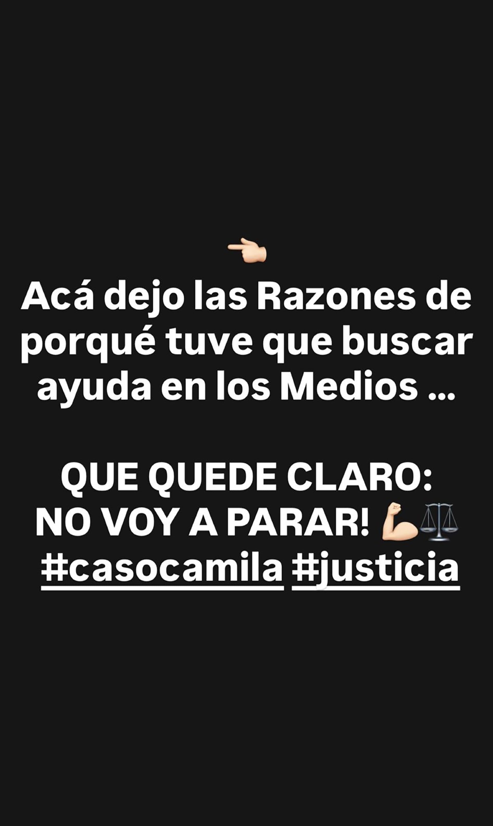 Camila avisó que no va a parar hasta que Balbuena quede detenido.