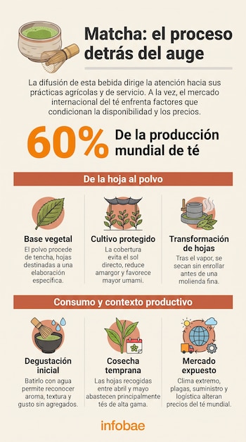 Infografía con texto, un cuenco de matcha con batidor, ilustraciones de hojas de té, sombras de cultivo, un molino de piedra y un mapa global.