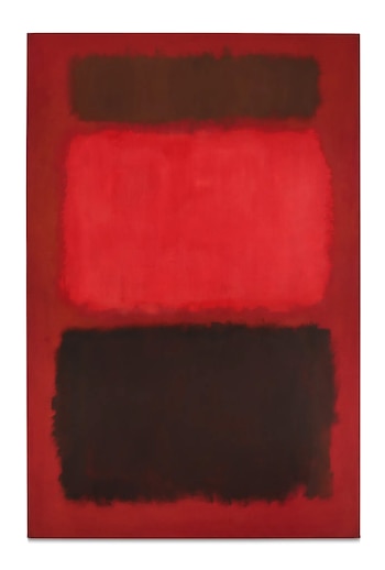 Pintura abstracta rectangular con fondo rojo intenso. Incluye tres bloques horizontales: marrón oscuro superior, rojo brillante central y marrón oscuro inferior