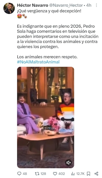 Captura de un tuit de Héctor Navarro que critica a Pedro Sola, con una foto de perfil y un video incrustado que muestra a dos personas en un set de televisión