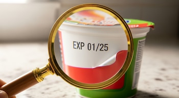 Una mano sostiene una lupa que magnifica la fecha de expiración "EXP 01/25" en el lateral de un envase de producto blanco, rojo y verde.