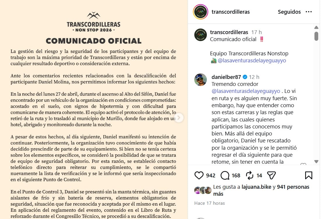 El comunicado se compartió en redes sociales la noche del jueves 30 de abril de 2026 - crédito @transcordilleras/IG