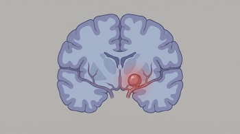 Ilustración médica de un cerebro humano con arterias que presentan una dilatación o aneurisma cerebral.