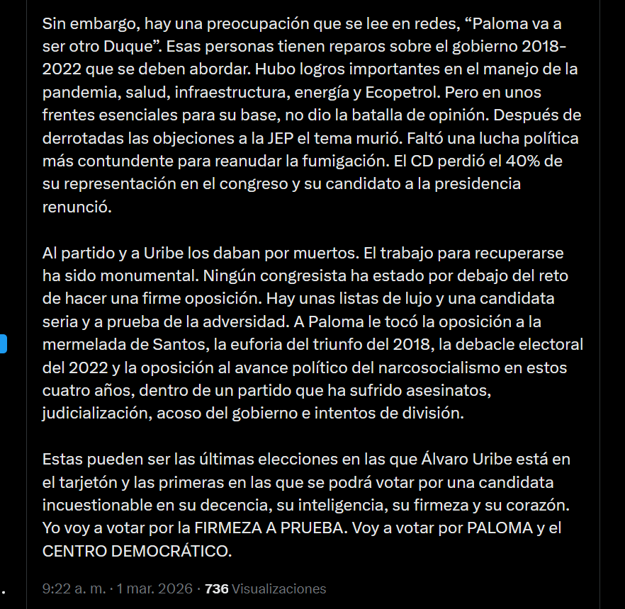 Jerónimo Uribe responsabiliza a la gestión de Iván Duque de la pérdida de curules y de popularidad partidaria - crédito @jeronimoauribem/X