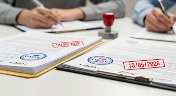 Primer plano de formularios USCIS I-360 e I-485 con sellos de fecha 10/05/2026. Al fondo, manos borrosas escriben en documentos adicionales.