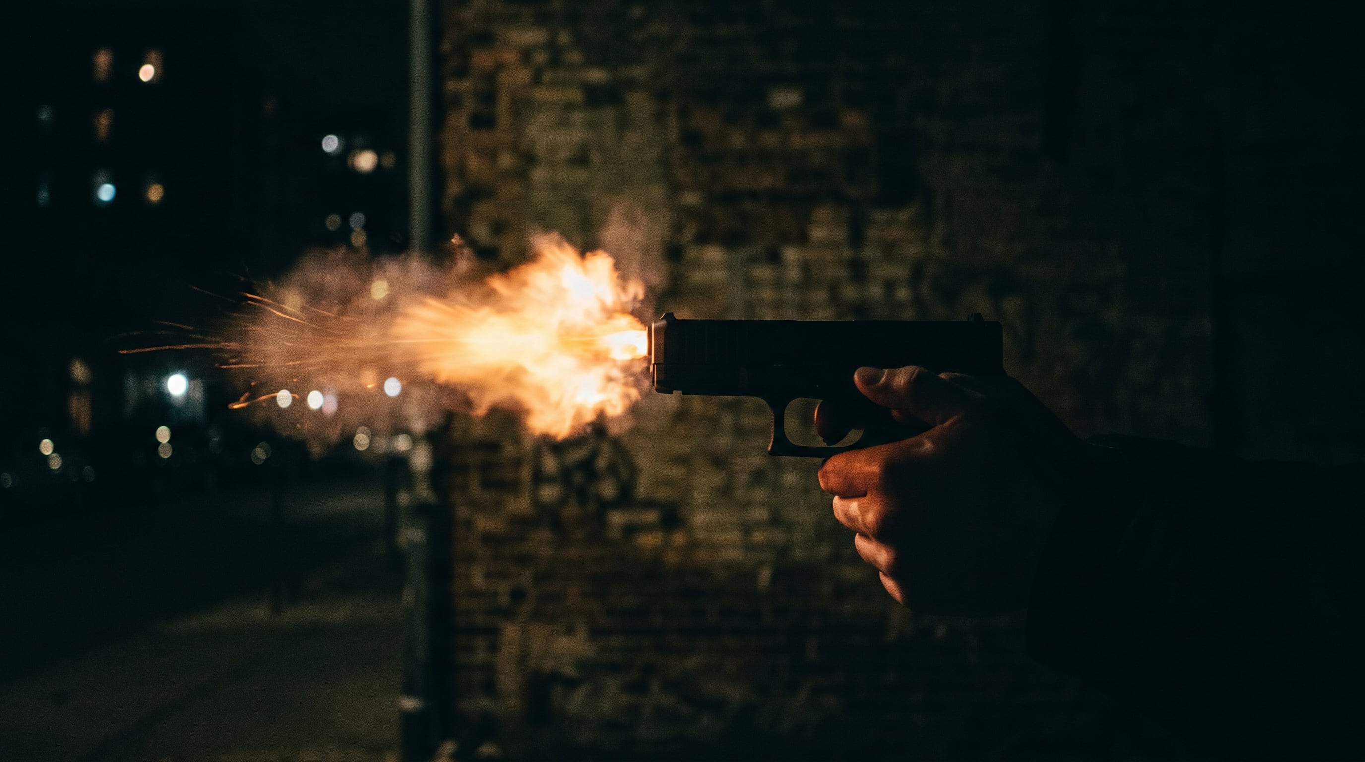 Una persona acciona una pistola en un entorno urbano nocturno, con el fogonazo visible frente al cañón. (Imagen Ilustrativa Infobae)