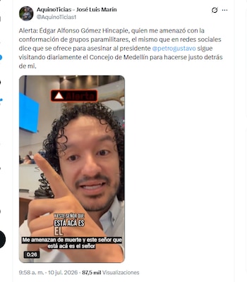 El concejal José Luis Marín aseguró que el hombre que lo amenazó habría confirmado estar dispuesto a asesinar al presidente Petro - crédito @AquinoTicias1/X