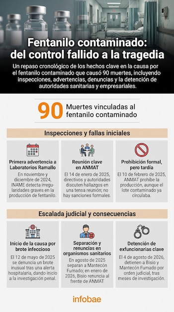 Infografía que muestra la cronología de la causa por fentanilo contaminado con 90 muertes, incluye eventos, fechas, íconos y texto explicativo.