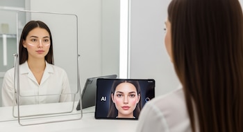 Mujer joven con cabello oscuro frente a un espejo. En la mesa, una tablet muestra un rostro digital junto al texto 'AI', y líneas faciales aparecen en su reflejo.