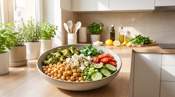 Bowl con garbanzos, brócoli, queso feta, semillas, tomates cherry, pepino, cebolla de verdeo y perejil en una mesada de cocina.