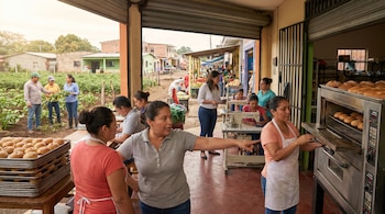 Varias mujeres trabajan en microempresas en El Salvador; una saca pan de un horno, otras cosen, y un grupo cultiva en el campo, con un mercado al fondo.