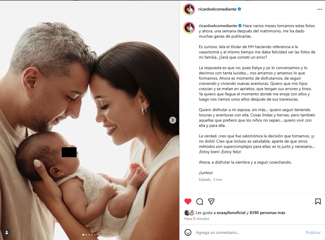 El comediante Ricardo Mendoza publica una fotografía familiar en Instagram junto a un mensaje en el que reflexiona sobre su decisión de someterse a una vasectomía.