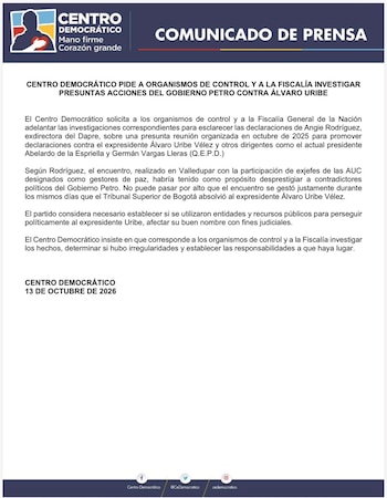 La colectividad instó a las autoridades a esclarecer si existió el uso de recursos estatales y entidades públicas en la estrategia contra la oposición - crédito prensa Centro Democrático