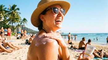 Una mujer sonriente con sombrero de paja y gafas de sol aplica bloqueador solar en su hombro en una playa con palmeras y gente.