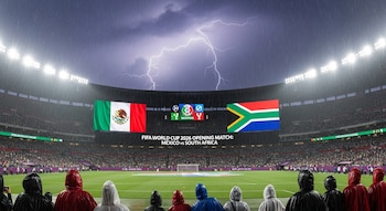 Vista del Estadio Azteca bajo lluvia torrencial y relámpagos, con las banderas de México y Sudáfrica en pantallas gigantes y público con ponchos.