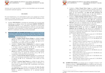 Páginas de un documento judicial de la Corte Suprema de Justicia de Perú con membretes oficiales y texto mecanografiado dividido en numerales