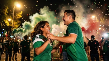 Pareja mexicana con camisetas de equipo salta y ríe; humo verde, blanco y rojo y confeti caen en la noche con gente de fondo.