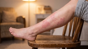 Pierna y pie descalzo de una persona apoyados sobre una silla de madera con lesiones rojas y escamosas en la piel.