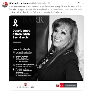Publicación digital con una fotografía en blanco y negro de Nora Edith Barr García y texto con detalles sobre su velatorio