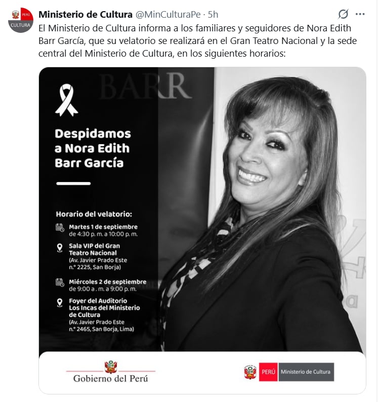El Ministerio de Cultura informó que el velatorio de Edith Barr se realizará en dos jornadas, el 1 y 2 de septiembre, en recintos oficiales.