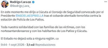 Rodrigo Lara viajará a Cúcuta para Consejo de Seguridad tras atentado en Los Patios - crédito @Rodrigo_Lara_/X