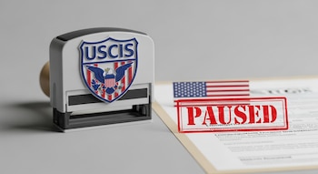 Primer plano de un sello de USCIS junto a un sello rojo con 'PAUSED' sobre un formulario migratorio genérico y una bandera de Estados Unidos en segundo plano.