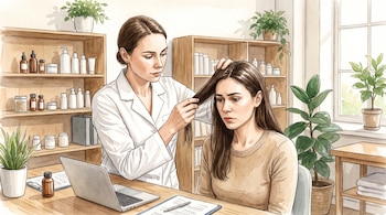 Ilustración en acuarela de una médica con bata blanca que examina el cabello de una paciente sentada ante un escritorio con computadora.