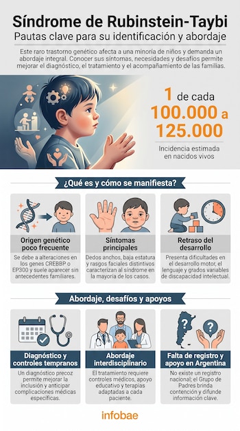 Infografía sobre el síndrome de Rubinstein-Taybi con un niño ilustrado, ADN, una mano, un reloj, un calendario, un estetoscopio, un mapa de Argentina y personal médico.
