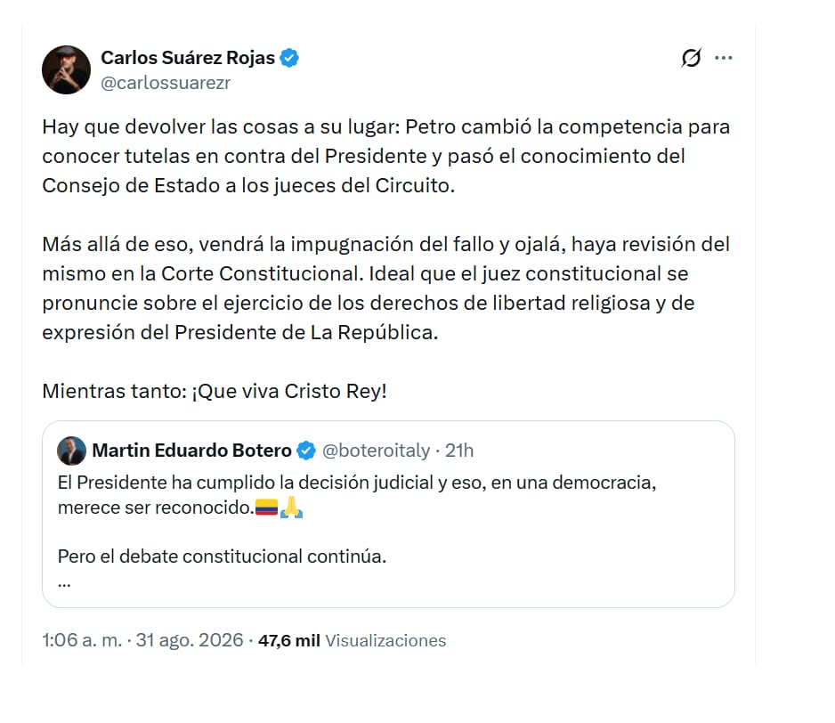El abogado Carlos Suárez, que fue el estratega de la campaña de Abelardo de la Espriella, se pronunció sobre las tutelas que han sido interpuestas en los juzgados del circuito contra el presidente - crédito @carlossuarezr/X