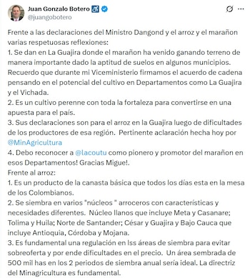 Juan Gonzalo Botero, exviceministro de Asuntos Agropecuarios, resaltó las fortalezaas del marañón - crédito @JuanGBotero/X