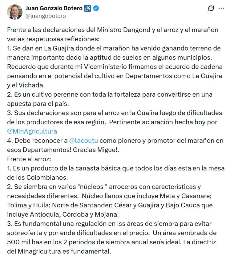 Juan Gonzalo Botero, exviceministro de Asuntos Agropecuarios, resaltó las fortalezaas del marañón - crédito @JuanGBotero/X