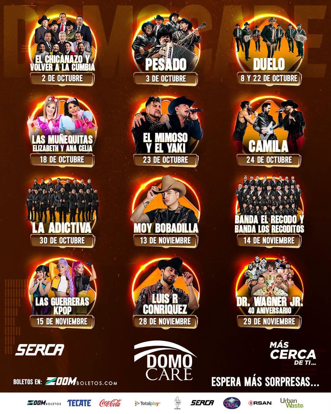 Un cartel promocional de Domo Care detalla la lista de artistas y agrupaciones con sus respectivas fechas de presentación entre octubre y noviembre. (Domo Care Nuevo programa oficial/Instagram)