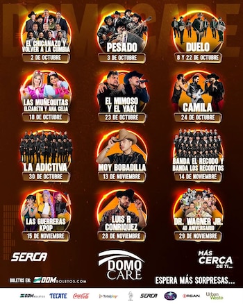 Cartel publicitario con doce círculos iluminados que contienen fotografías de artistas musicales y luchadores junto a nombres y fechas