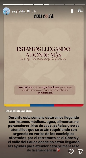 Jessica Giraldo Navarro, hermana de la artista, contó que durante esta semana entregarán productos esenciales y artículos de higiene en territorios donde la atención no ha logrado entrar con la misma rapidez - crédito @yegiraldo_/IG
